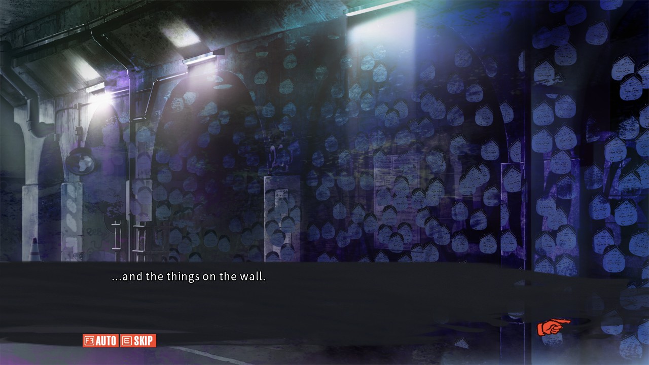 Screenshot from Chaos;Child of a wall covered in Sumo Stickers