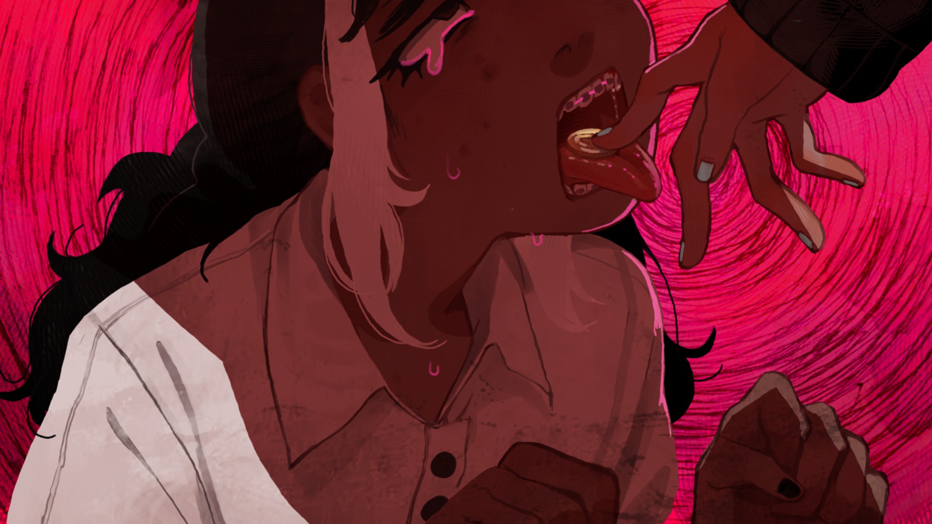 Screenshot from Money for Girls. Agnes putting a coin into Cancer's begging mouth.