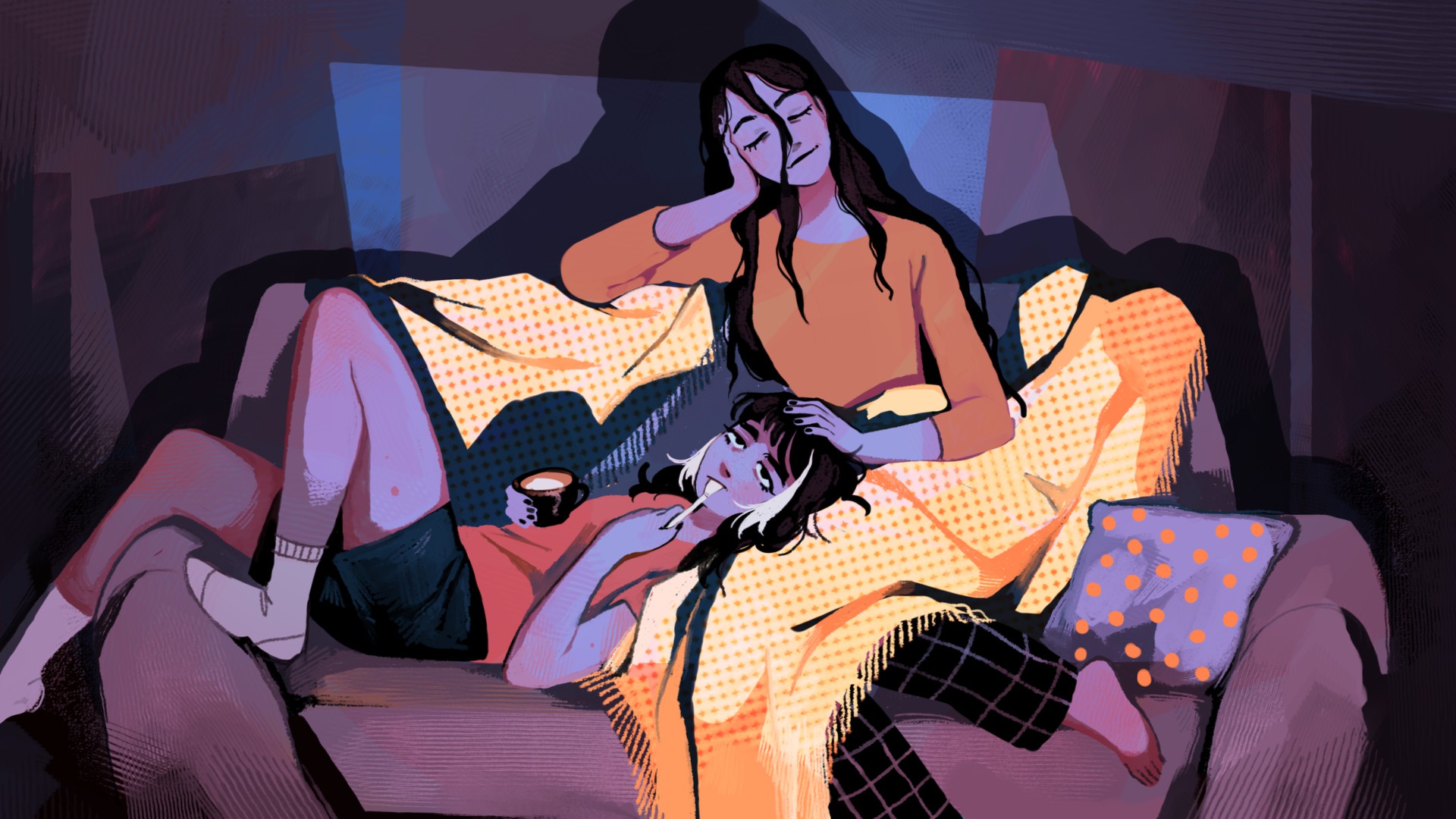 Screenshot from Money for Girls. Cancer and her mom lounging on the couch. Very wholesome.