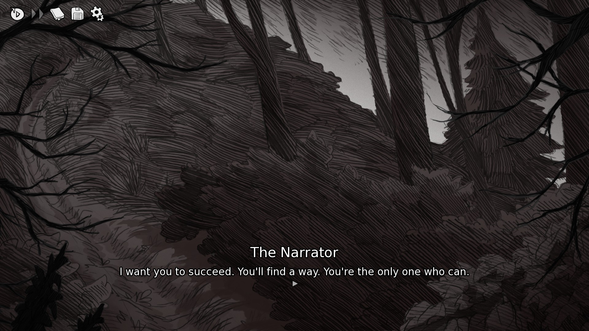 Screenshot from Slay the Princess, of a path in the woods