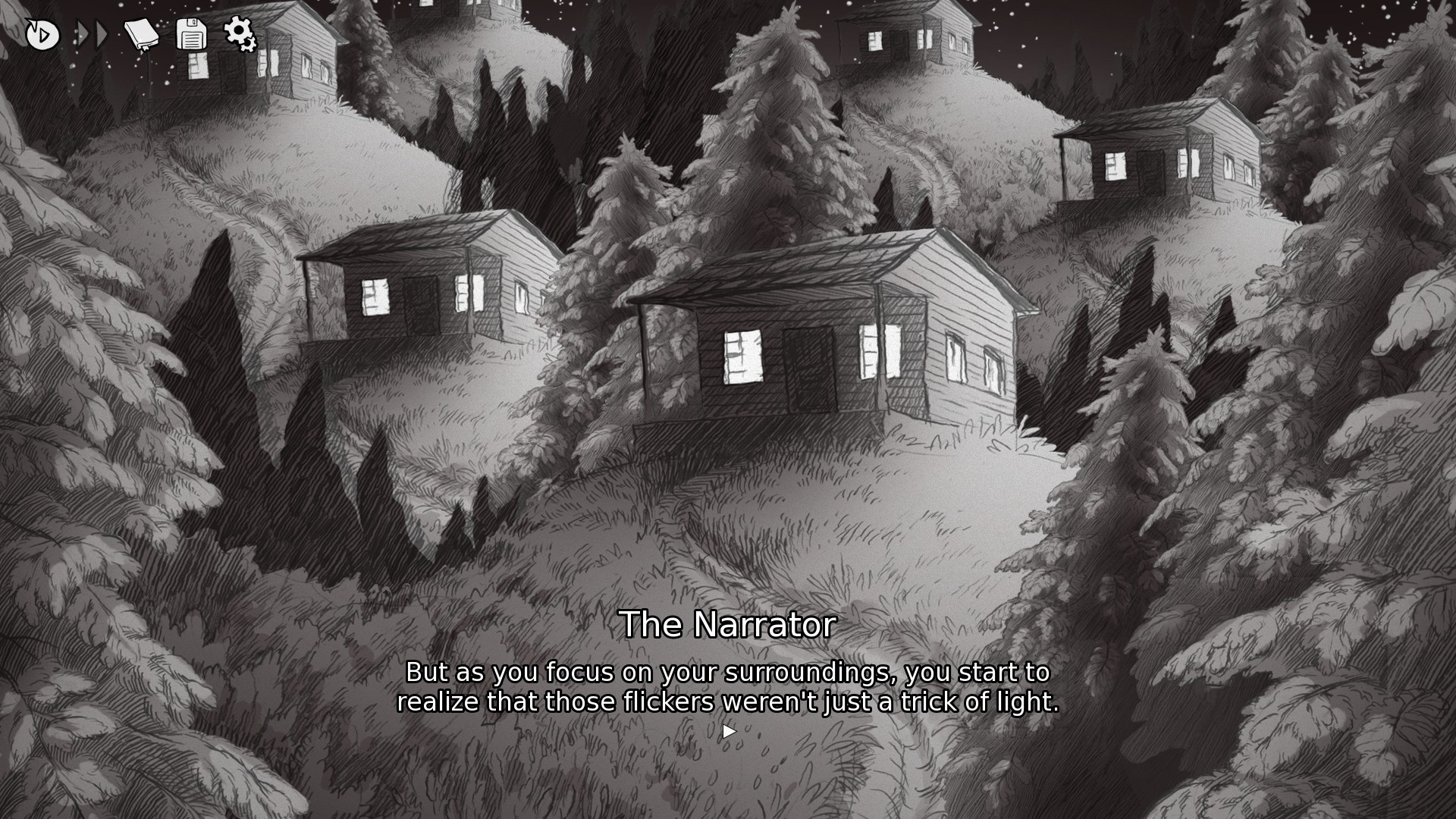 Screenshot from Slay the Princess, in which things get very strange and there are multiple cabins in multiple paths in multiple woods