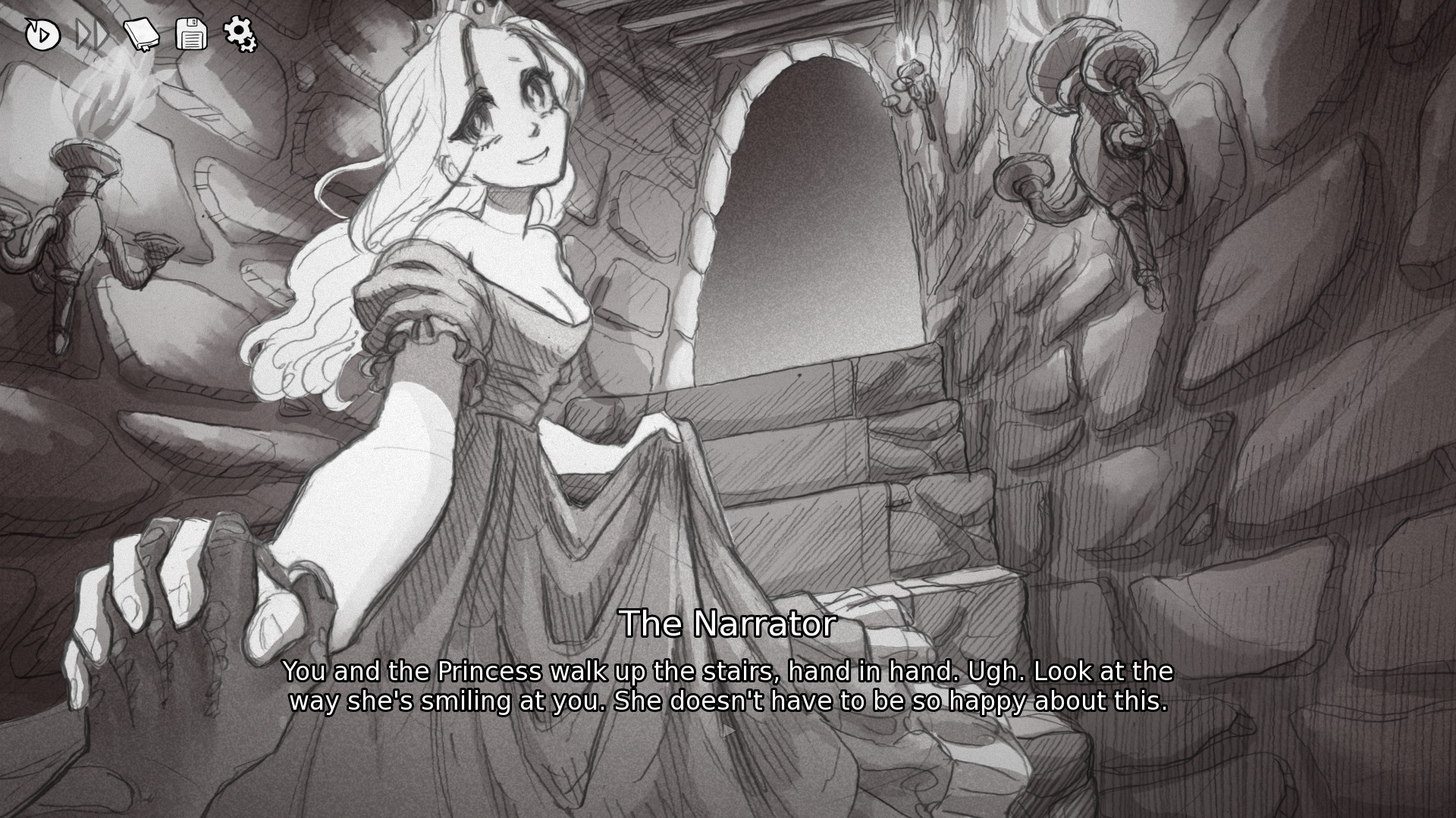 Screenshot from Slay the Princess, in which I am happy?