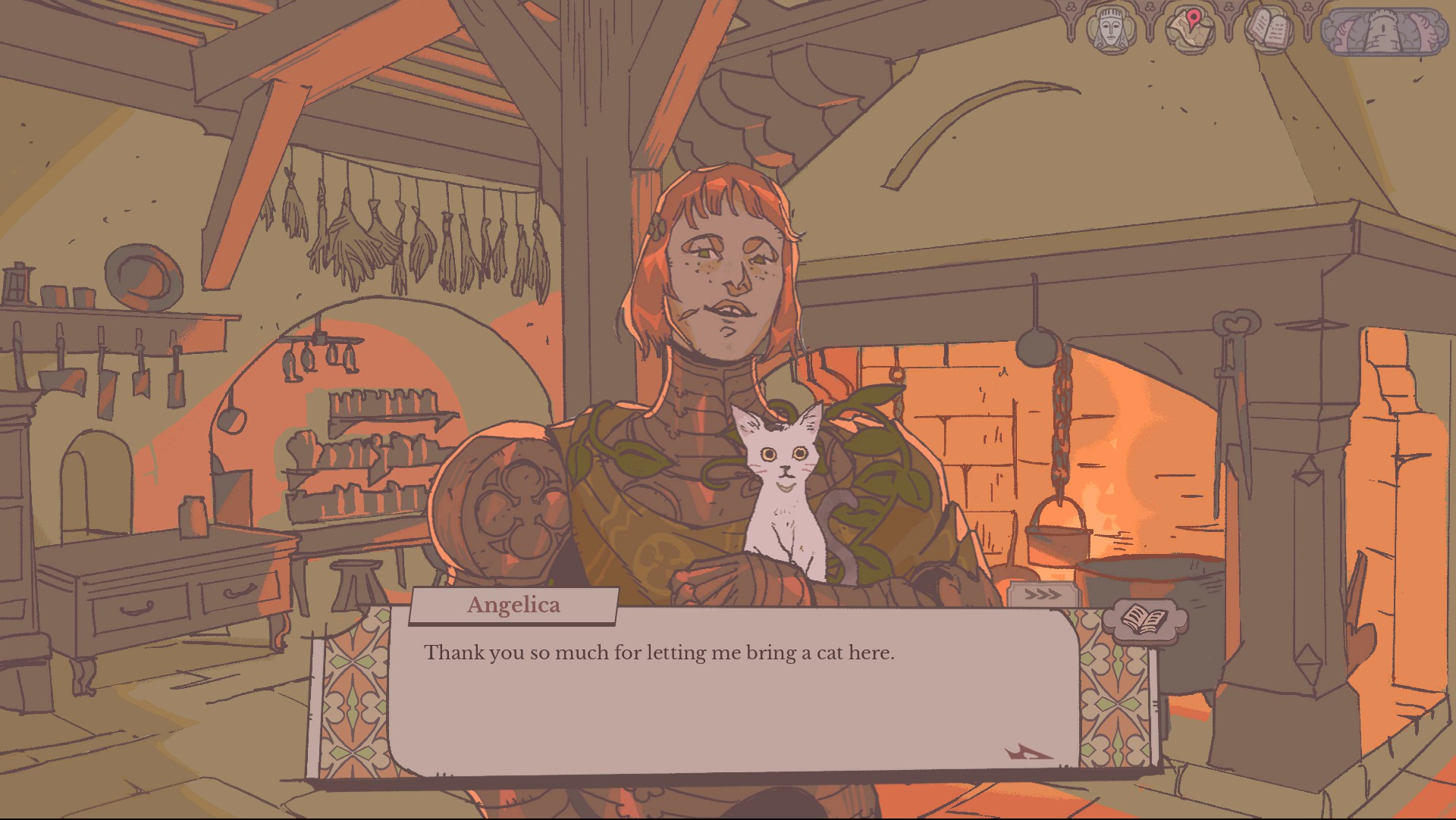 Screenshot from Tokyo Necro of Angelica with her adorable cat, Sovereign