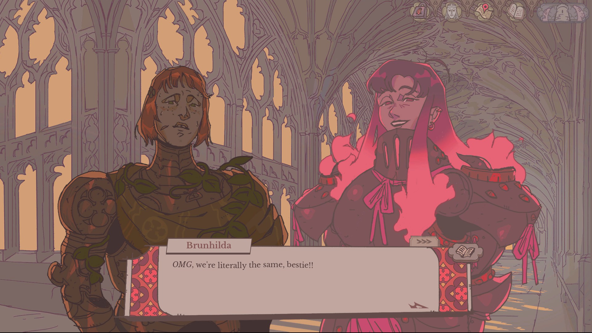 Screenshot from Sovereign Tower of Angelica and Brunhilda, the besties.