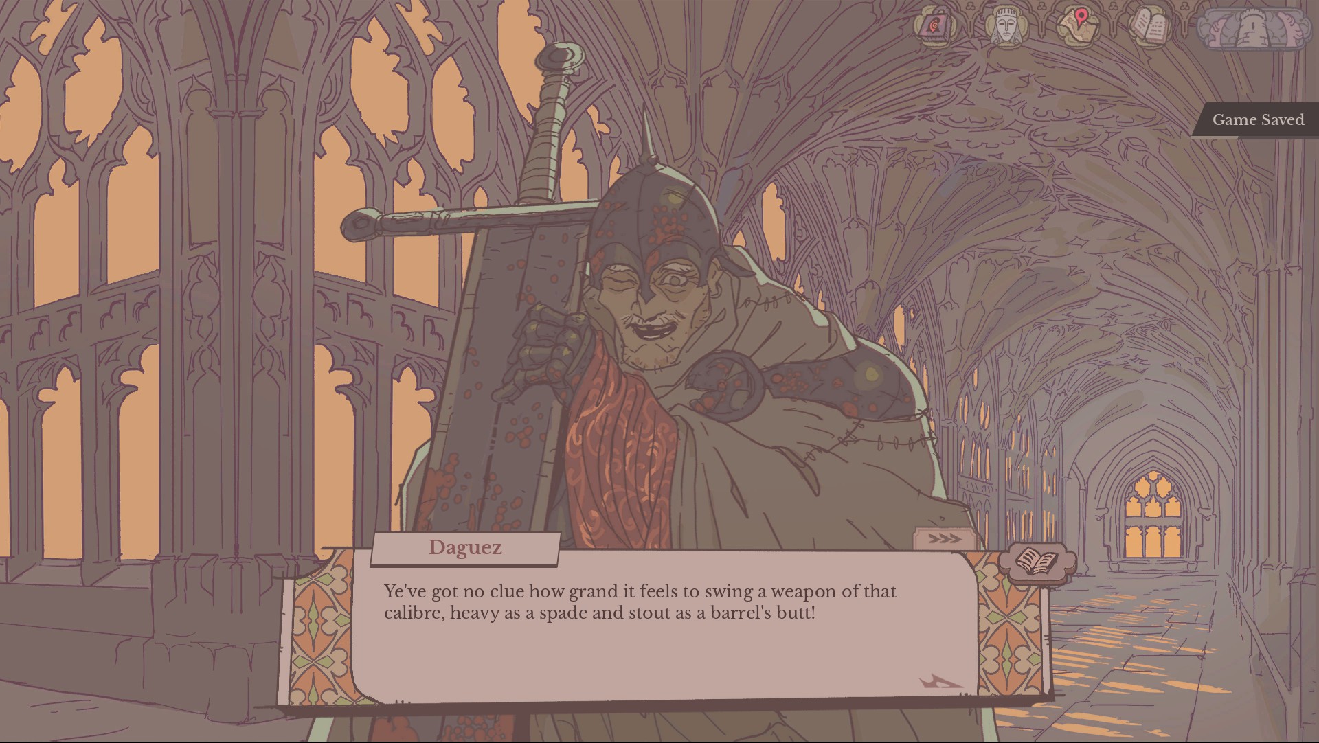 Sovereign Tower screenshot of Daguez talking about how he loves swinging around a sword bigger than him.
