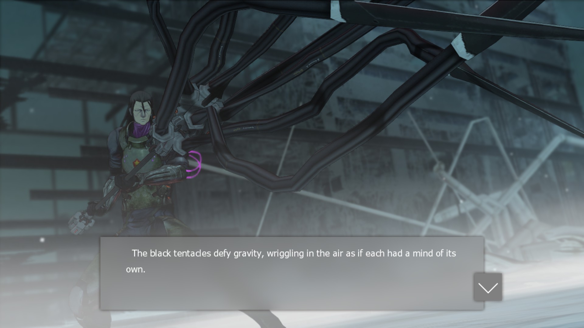 Screenshot from Tokyo Necro from a fight scene near the beginning of the game. So'un is looking at his opponent using a strange tentacle weapon.