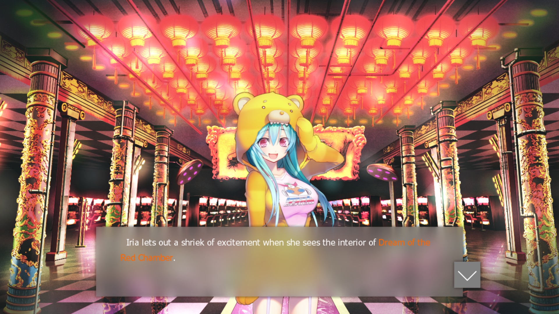 Screenshot from Tokyo Necro. Iria is in the casino 'Dream of the Red Chamber' and losing her mind over how loud it is.