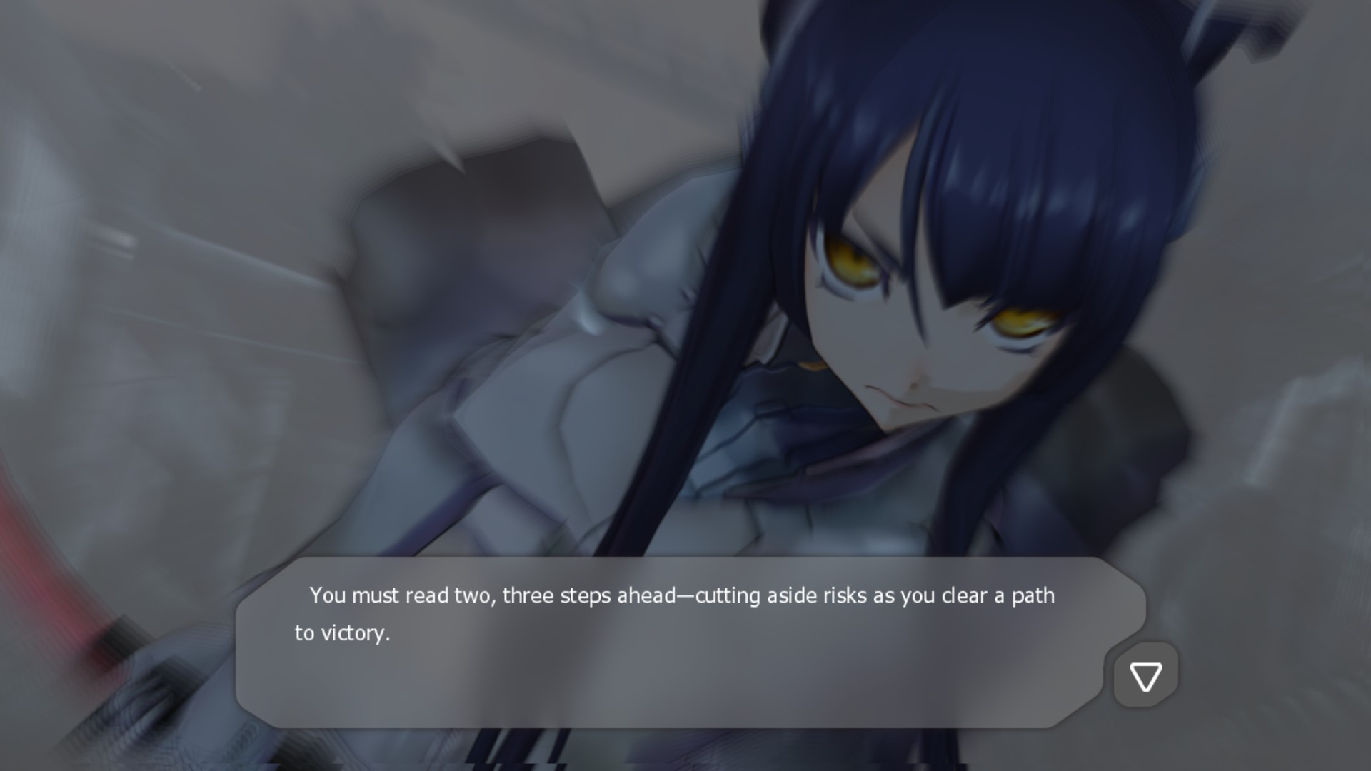 Screenshot of Mitsumi's 3D model in an action sequence. Text reads 'You must read two, three steps ahead — cutting aside risks as you clear a path to victory.'